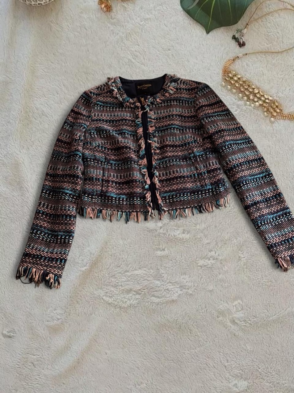 Juicy Couture Black, Pink & Blue Fringed Tweed Cropped Jacket